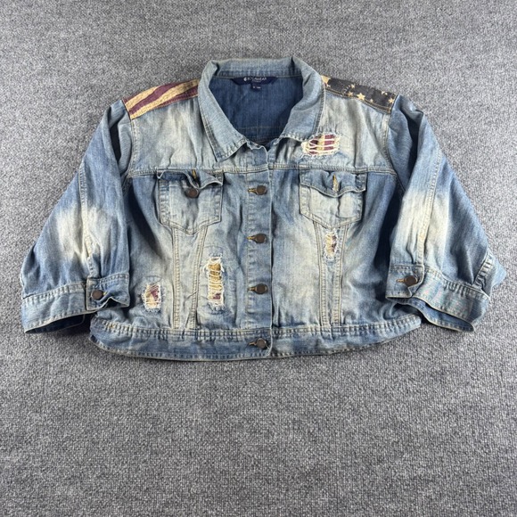 Rocawear Jackets & Blazers - Rocawear Classic Womens 3X Distressed Denim Jacket Americana Logo Cropped Blue